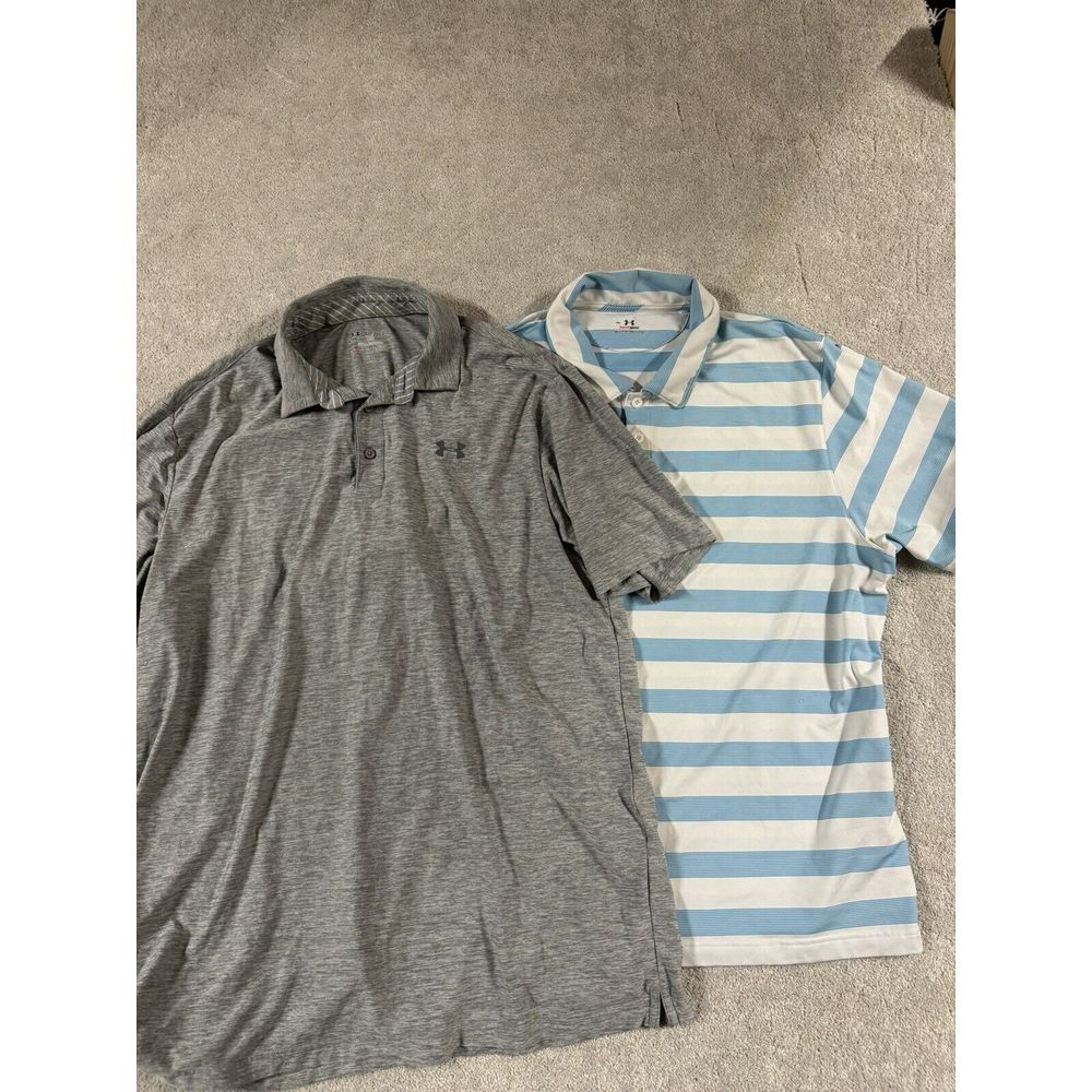 Under Armour Short Sleeve Polo Shirts Mens XL & XLT Grey& Blue Striped HeatGear